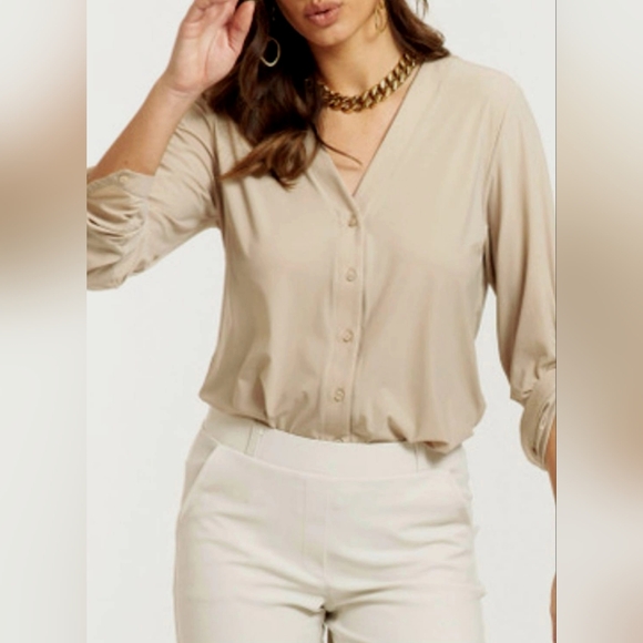 MaxMara Women's Luxury 100%Silk Blouse Pearl Buttons Taupe 10/Medium - Picture 10 of 16